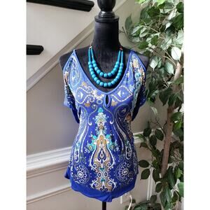 New York & Company Blouse Top Womens Blue Large Paisley Rayon Cold Shoulder